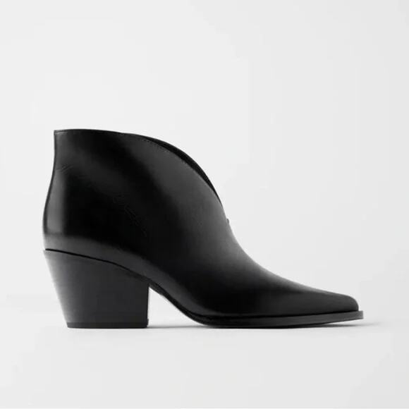 Zara V-Vamp Leather Pointed Toe Block Heel Ankle Booties Black 39 / 9 - Picture 1 of 8